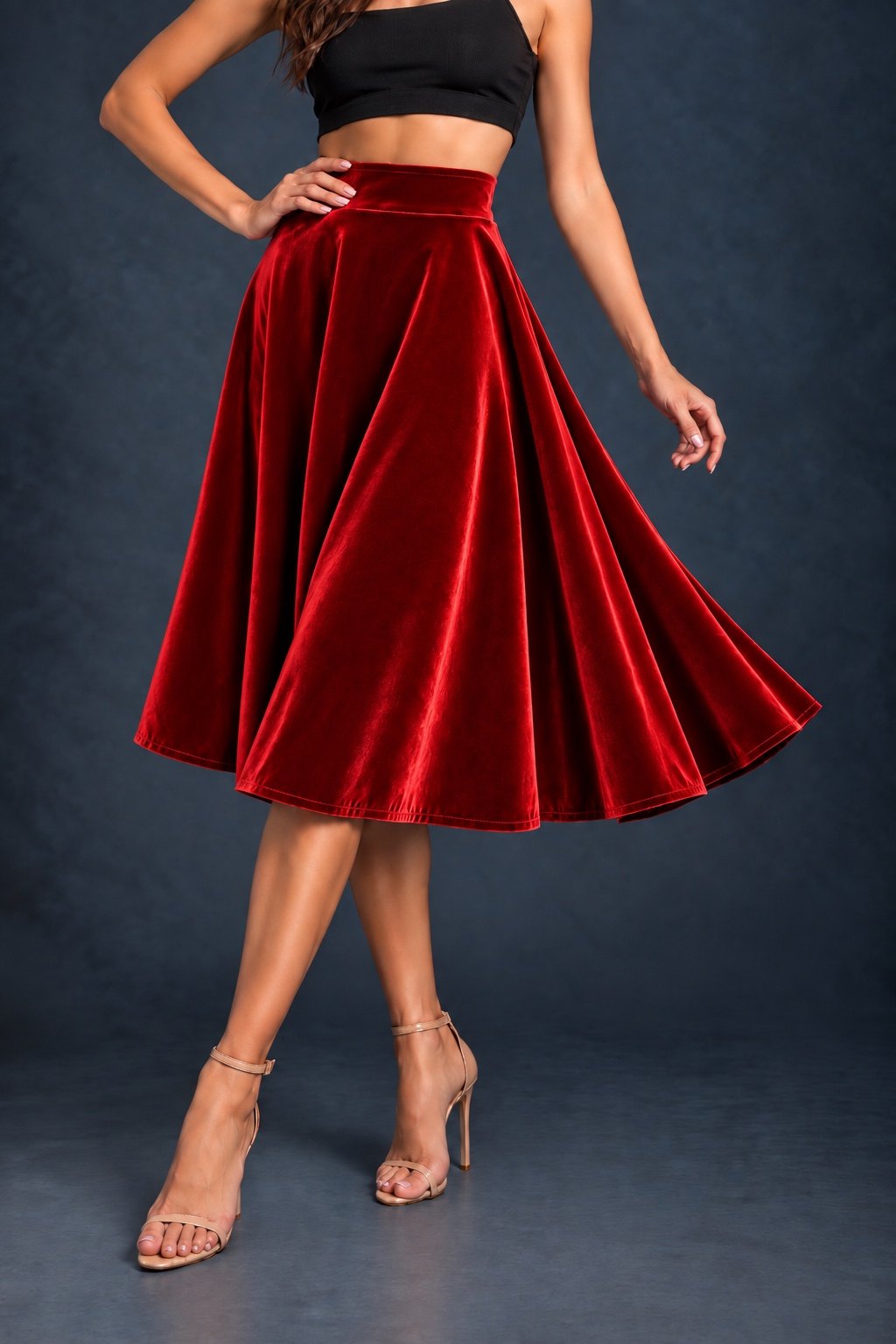 Women’s smooth velvet tango skirt with a full A-line silhouette, wide waistband and midi length, designed for fluid movement and made in France.