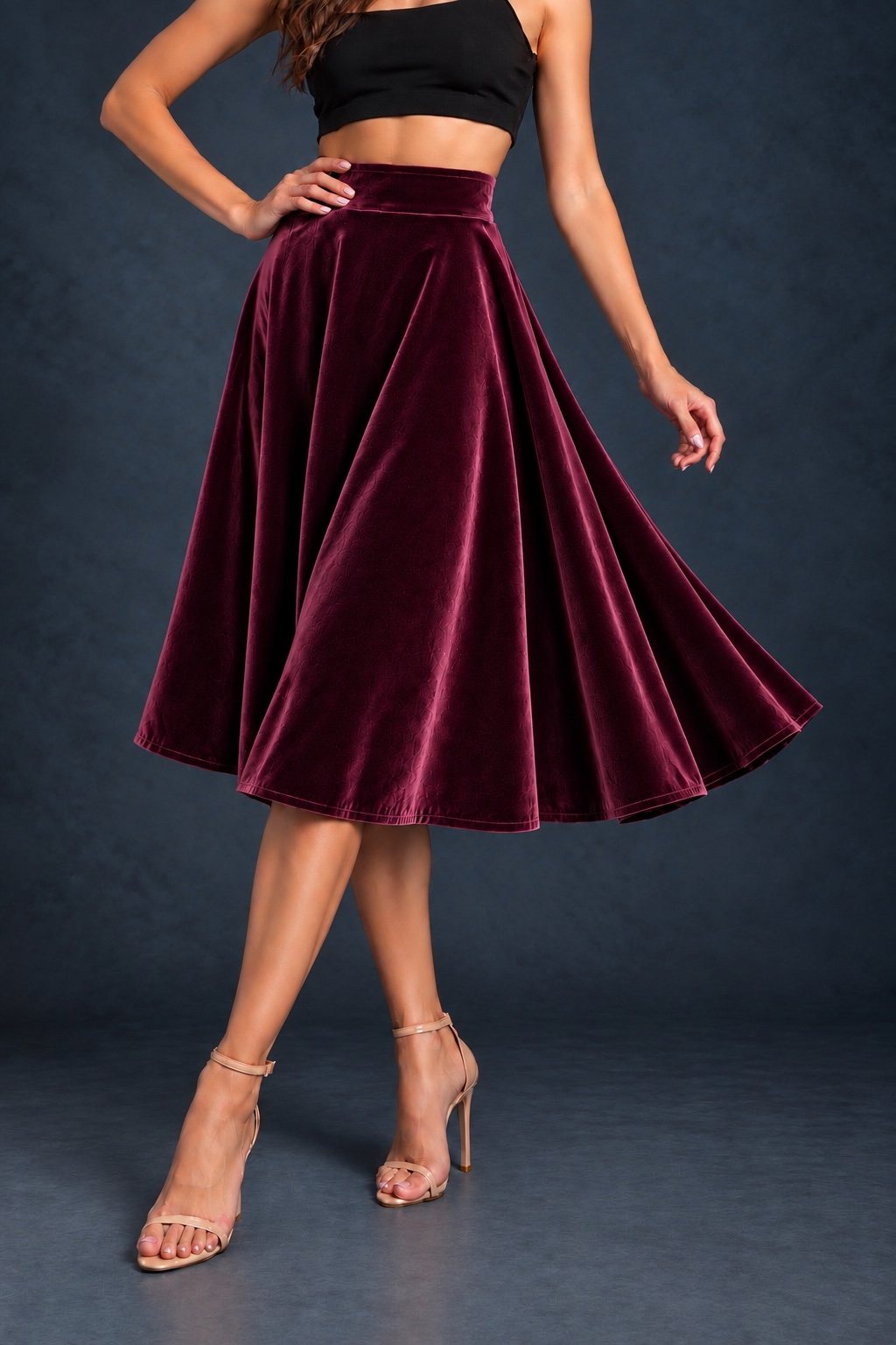 Women’s smooth velvet tango skirt with a full A-line silhouette, wide waistband and midi length, designed for fluid movement and made in France.