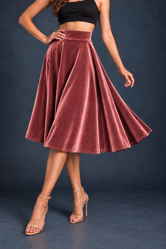 Women’s smooth velvet tango skirt with a full A-line silhouette, wide waistband and midi length, designed for fluid movement and made in France.