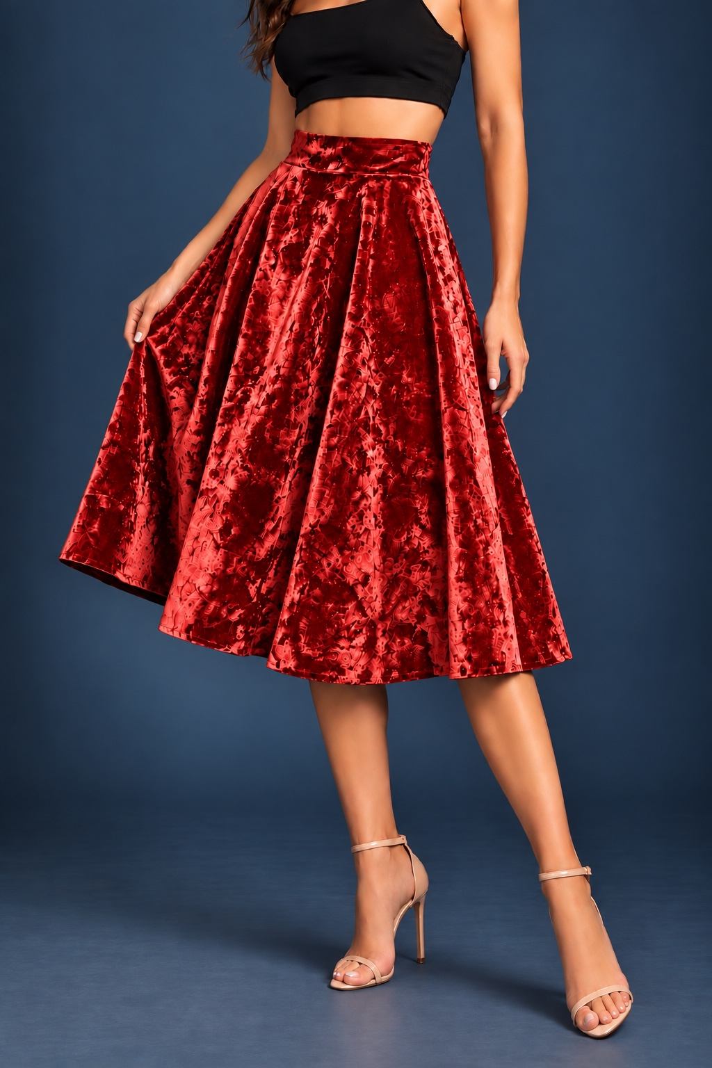 Women’s crushed velvet tango skirt with a full A-line silhouette, wide waistband and midi length, designed for movement and made in France.