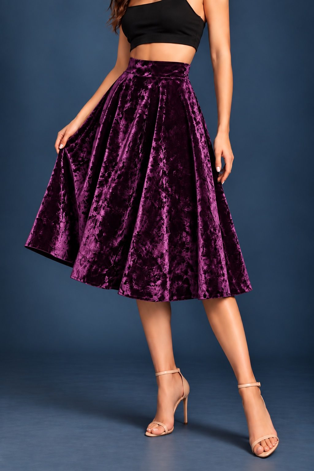 Women’s crushed velvet tango skirt with a full A-line silhouette, wide waistband and midi length, designed for movement and made in France.