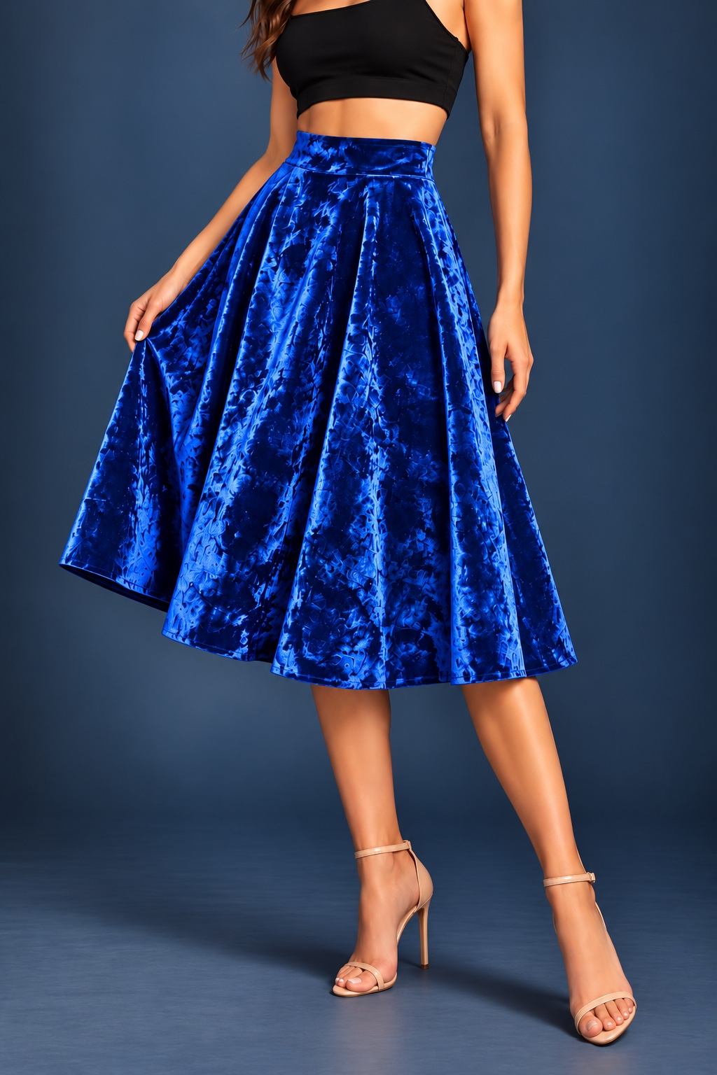 Women’s crushed velvet tango skirt with a full A-line silhouette, wide waistband and midi length, designed for movement and made in France.
