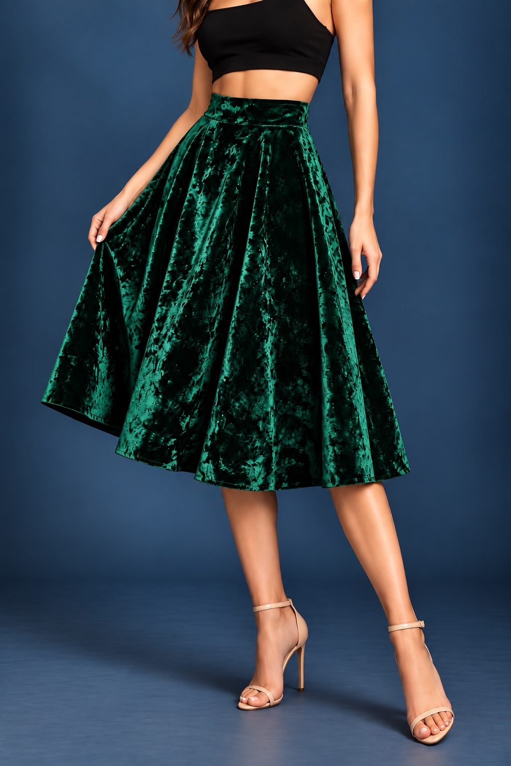 Women’s crushed velvet tango skirt with a full A-line silhouette, wide waistband and midi length, designed for movement and made in France.