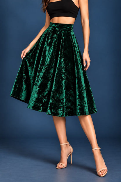 Women’s crushed velvet tango skirt with a full A-line silhouette, wide waistband and midi length, designed for movement and made in France.