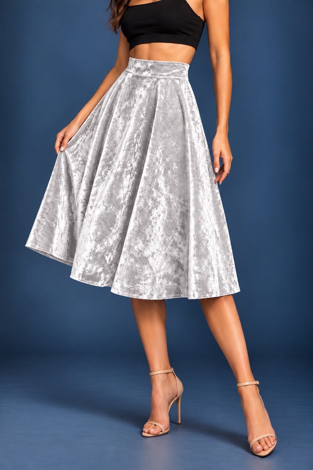 Women’s crushed velvet tango skirt with a full A-line silhouette, wide waistband and midi length, designed for movement and made in France.