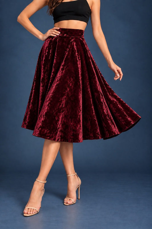 Women’s crushed velvet tango skirt with a full A-line silhouette, wide waistband and midi length, designed for movement and made in France.