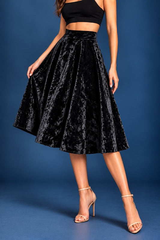 Women’s crushed velvet tango skirt with a full A-line silhouette, wide waistband and midi length, designed for movement and made in France.