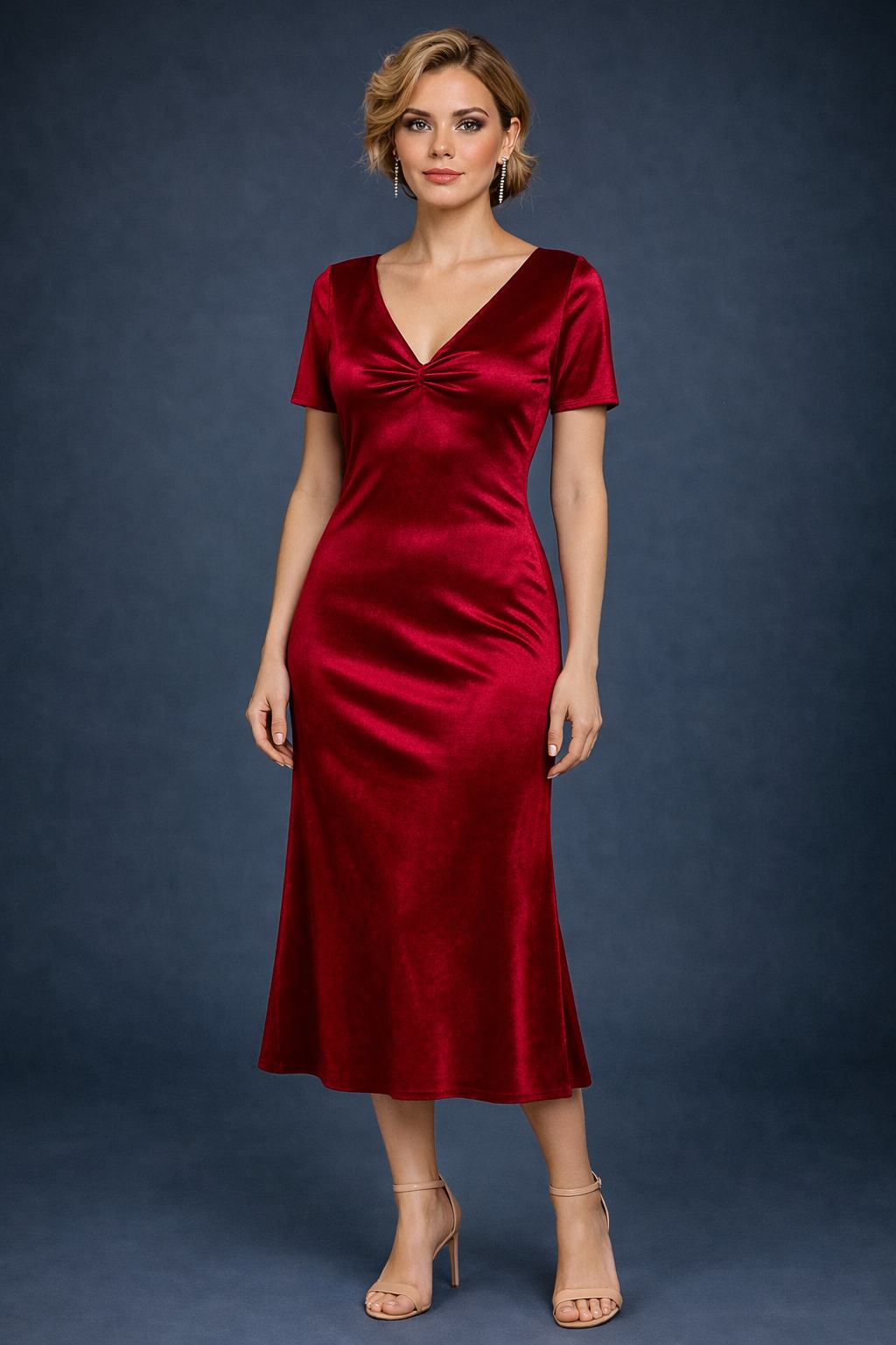 Woman wearing a red velvet tango dress, front view