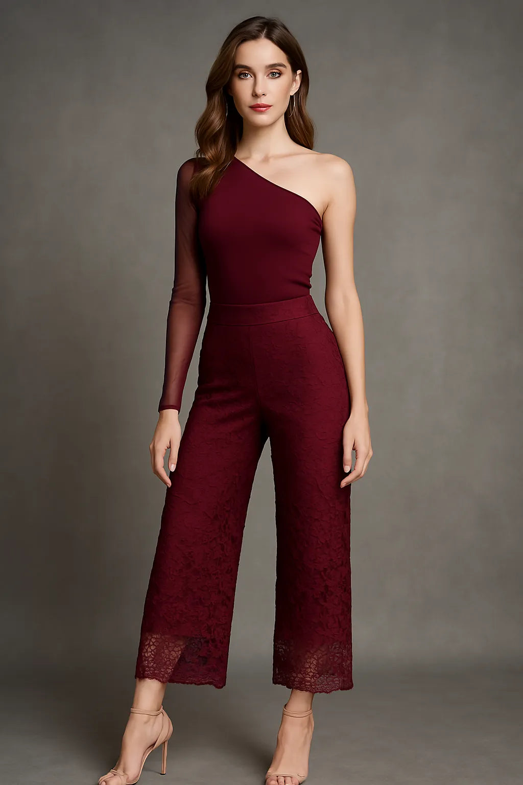 Woman wearing burgundy tango pants and top