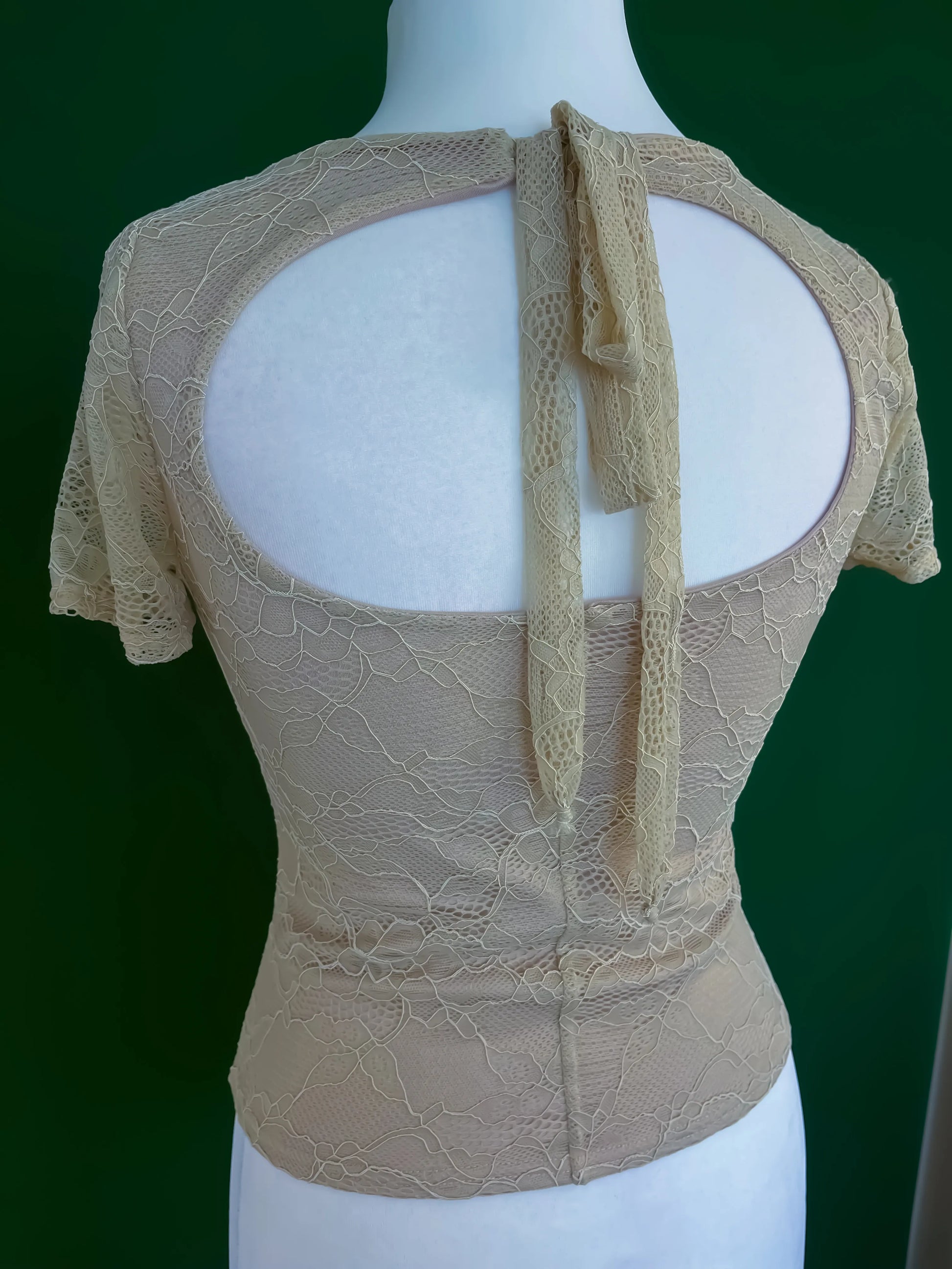 Beige lace tango top on a mannequin against a green background