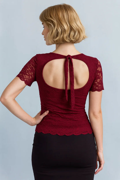 Romantic lace tango top with open back and ribbon tie