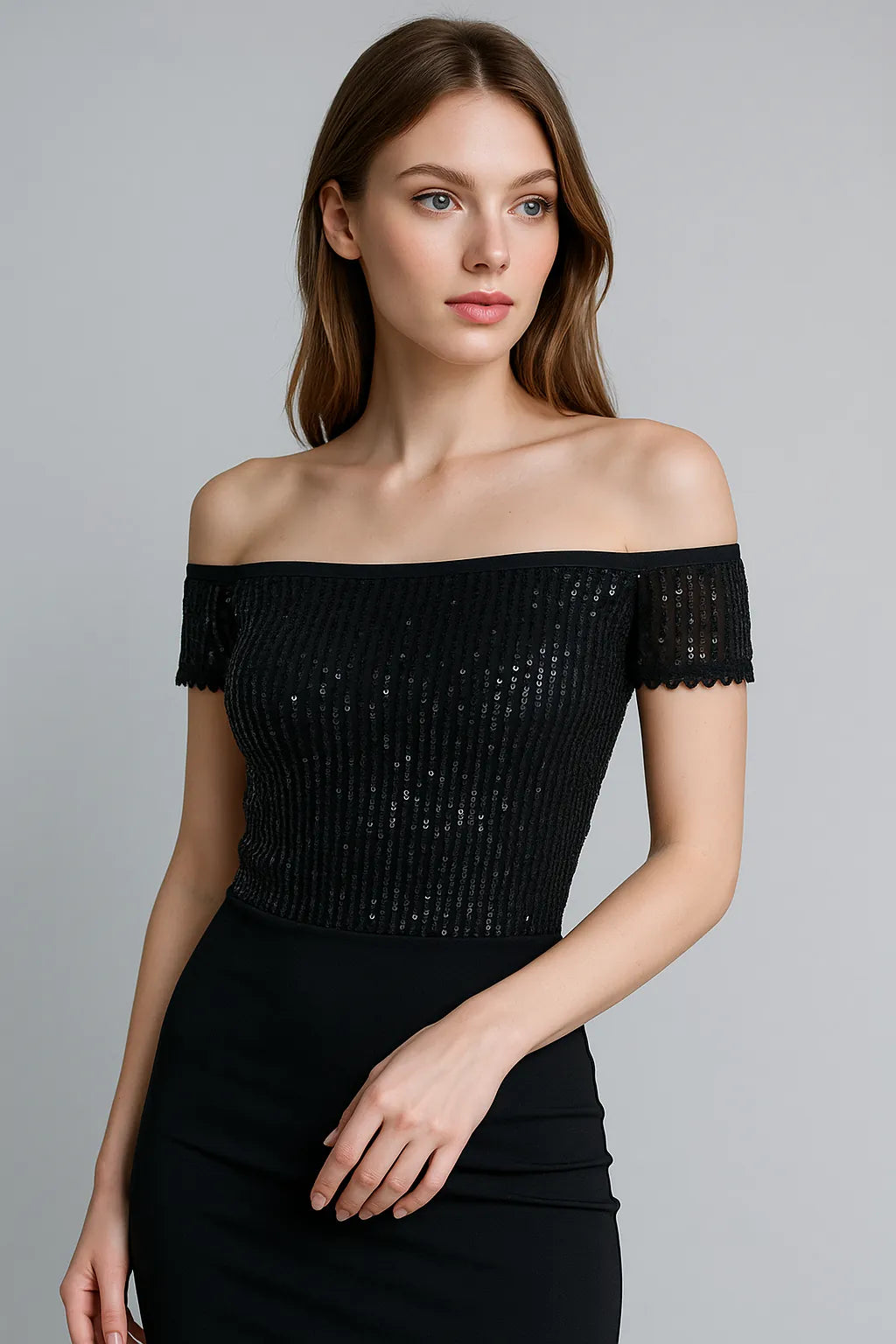 Chic sequin off-shoulder top in stretch mesh with lining
