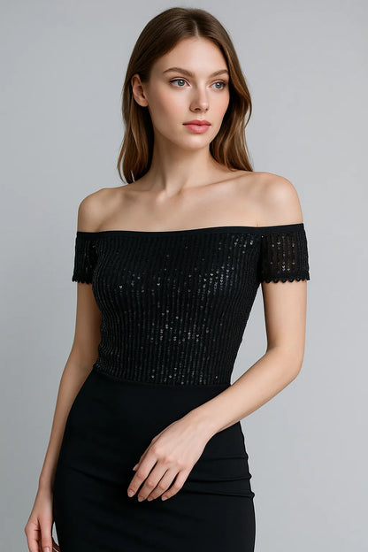 Chic sequin off-shoulder top in stretch mesh with lining