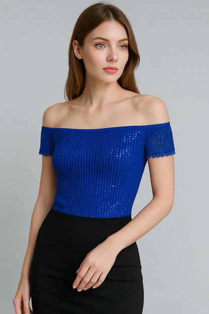 Chic sequin off-shoulder top in stretch mesh with lining