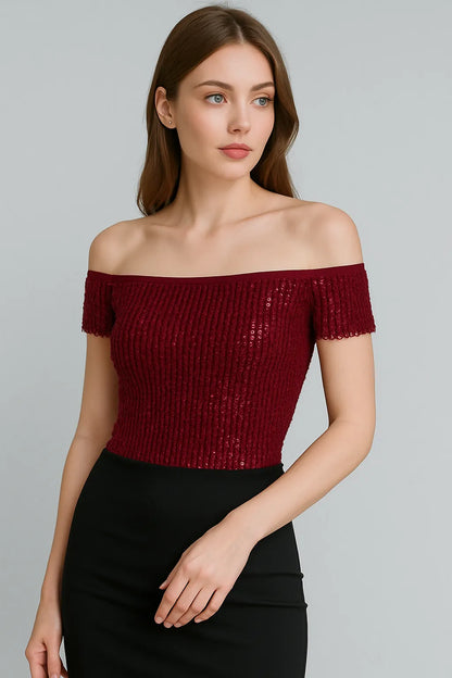 Chic sequin off-shoulder top in stretch mesh with lining