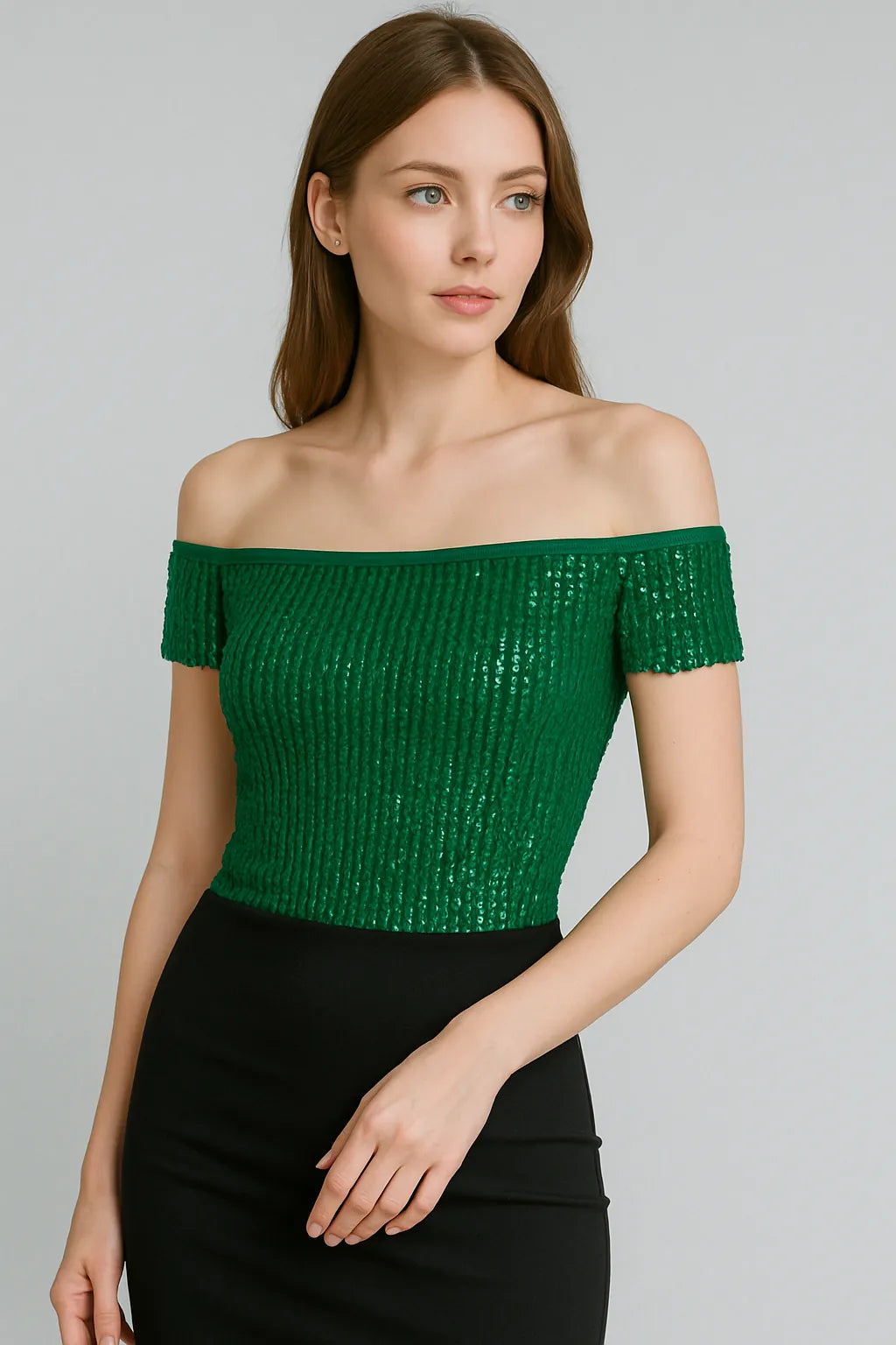 Chic sequin off-shoulder top in stretch mesh with lining