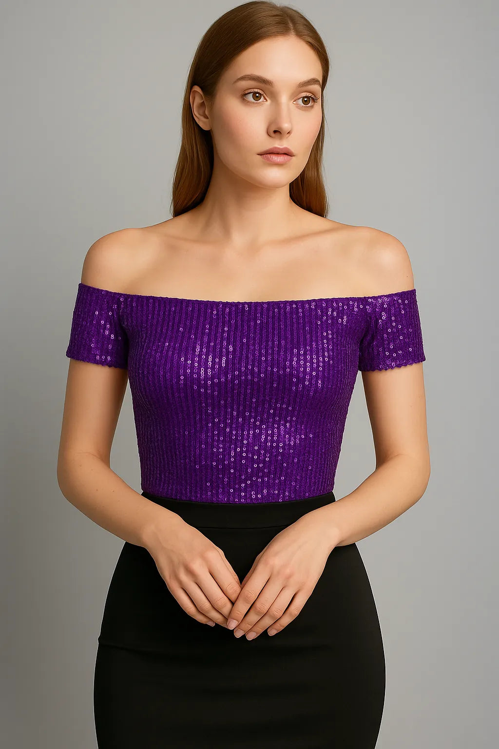 Chic sequin off-shoulder top in stretch mesh with lining