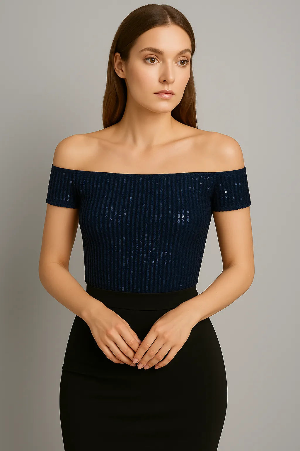 Chic sequin off-shoulder top in stretch mesh with lining