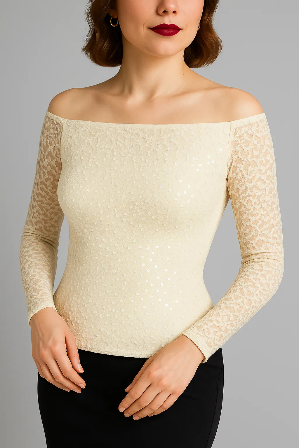 Refined lace off-shoulder top with lining for evening looks