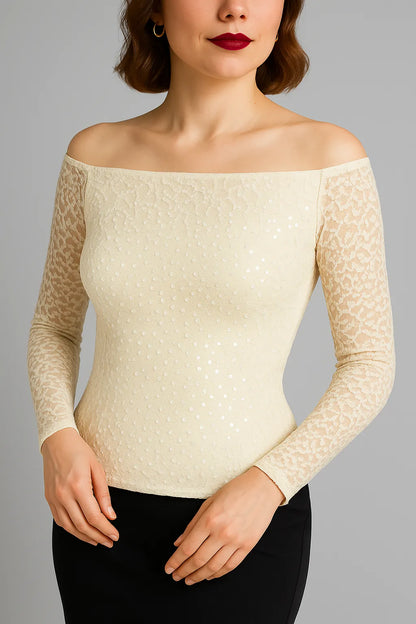 Refined lace off-shoulder top with lining for evening looks