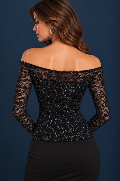 Back view of a black shimmering lace tango top with an off-shoulder neckline and sheer long sleeves.