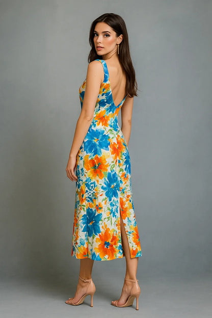 Woman wearing a colorful floral tango dress against a gray background