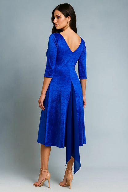 Luxurious velvet tango dress with chiffon drapes and embroidery