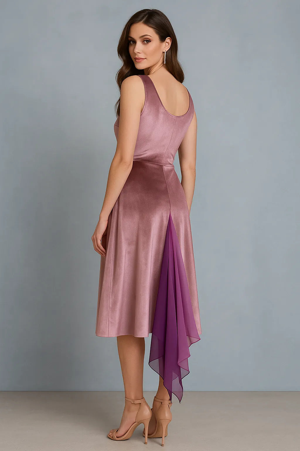 Luxurious velvet tango dress with chiffon drapes and embroidery