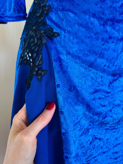 Luxurious velvet tango dress with chiffon drapes and embroidery