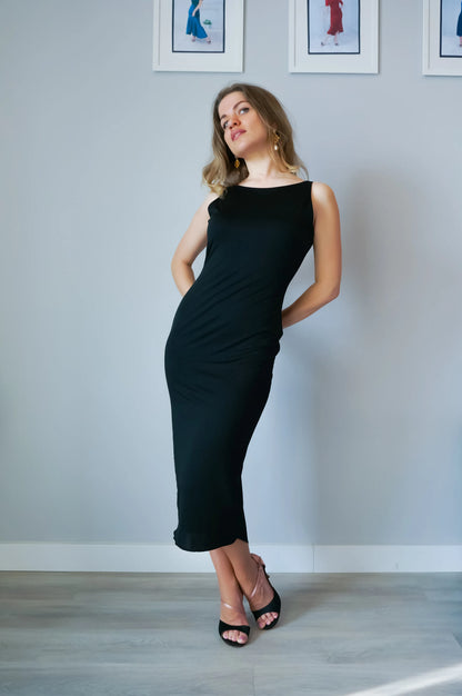 Reversible stretch jersey tango dress with draped back