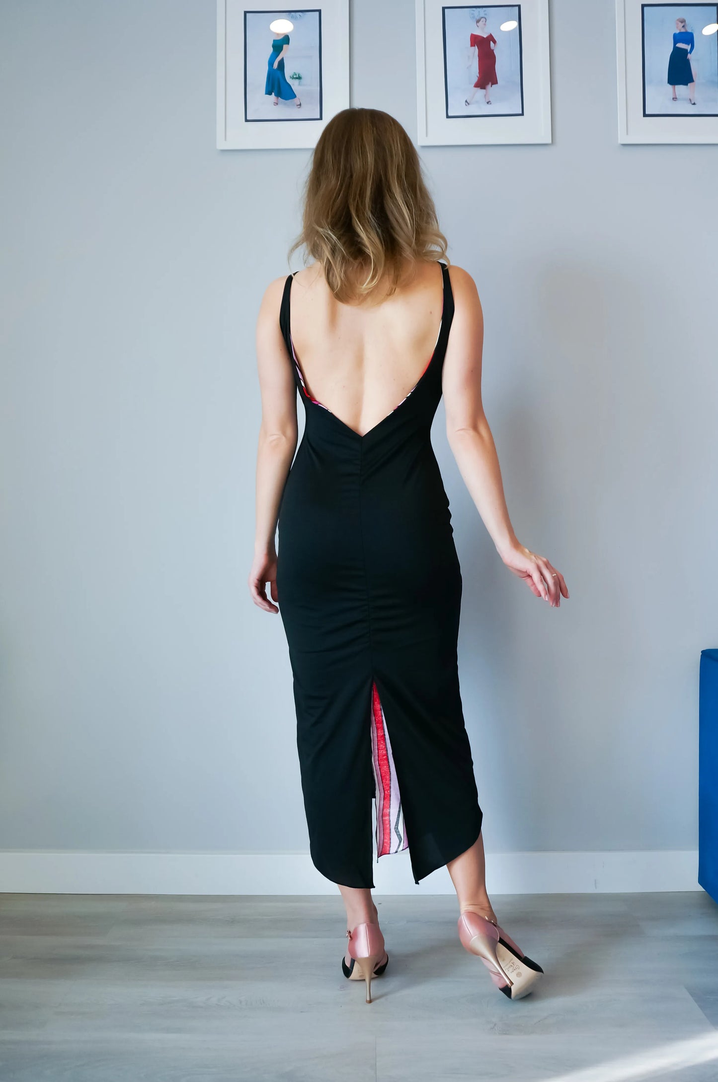 Reversible stretch jersey tango dress with draped back