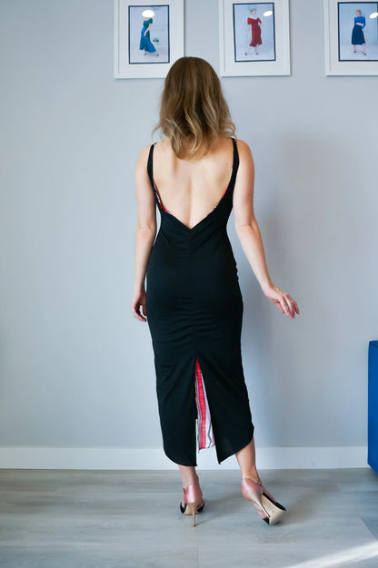 Reversible stretch jersey tango dress with draped back