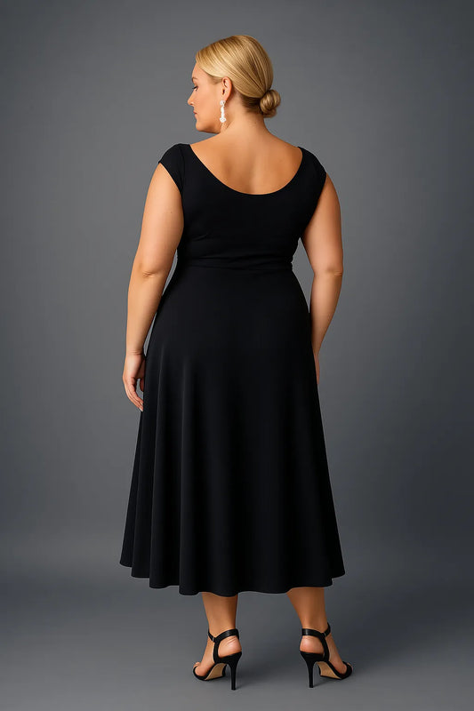 Black silky jersey tango dress with wide flowing skirt