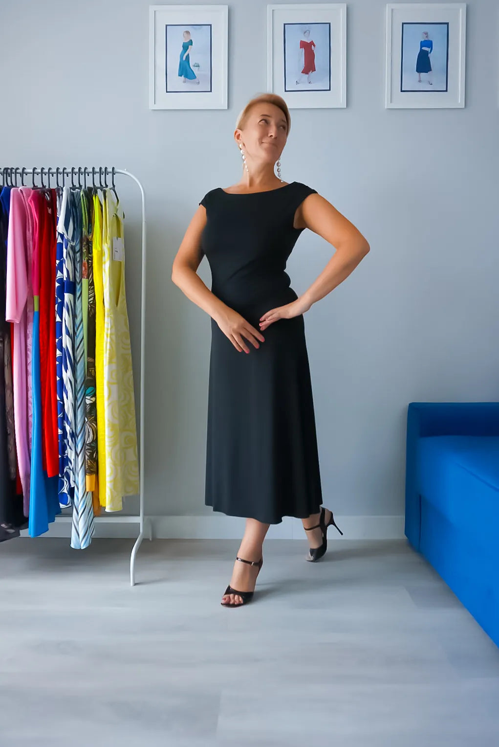 Black silky jersey tango dress with wide flowing skirt