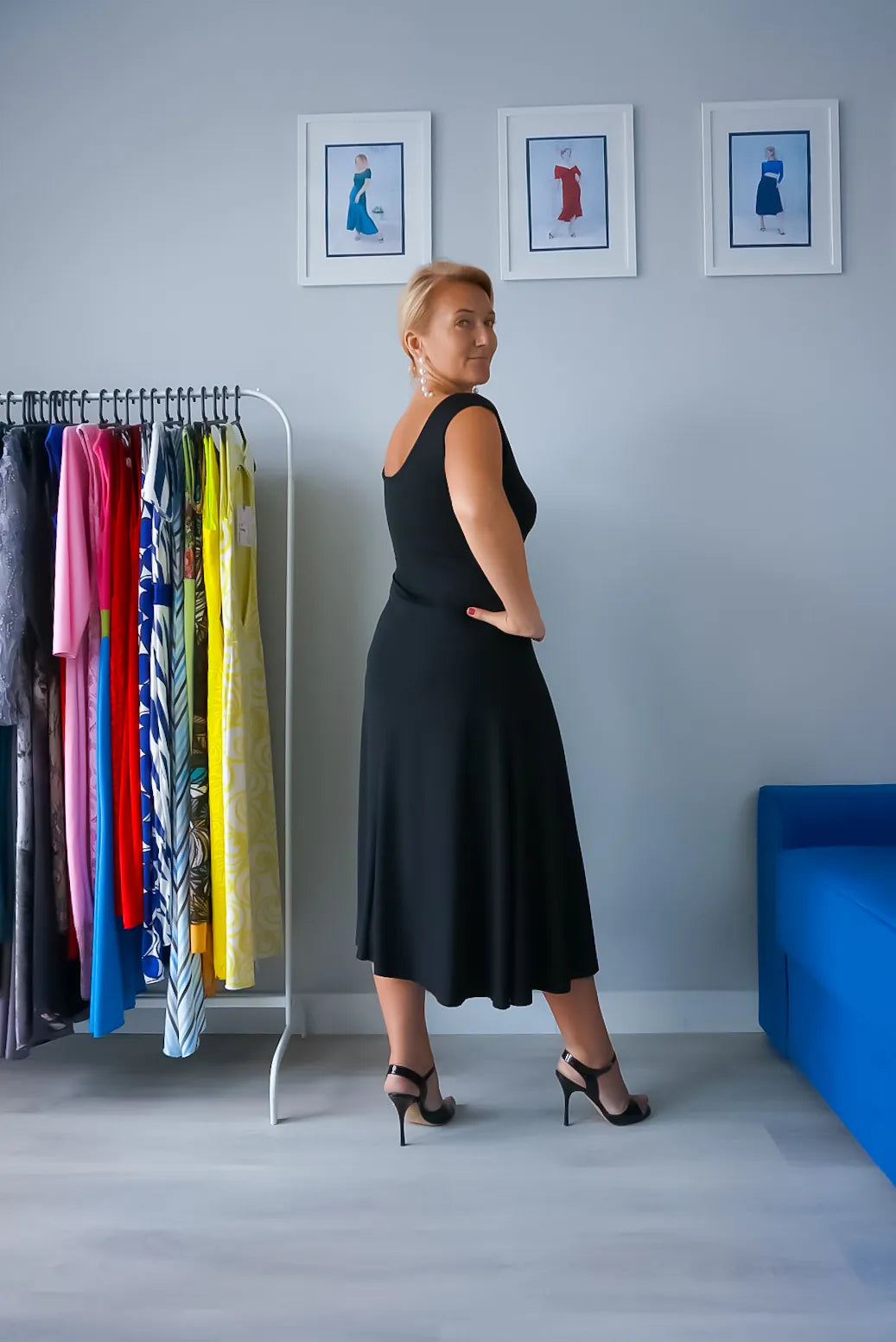 Black silky jersey tango dress with wide flowing skirt