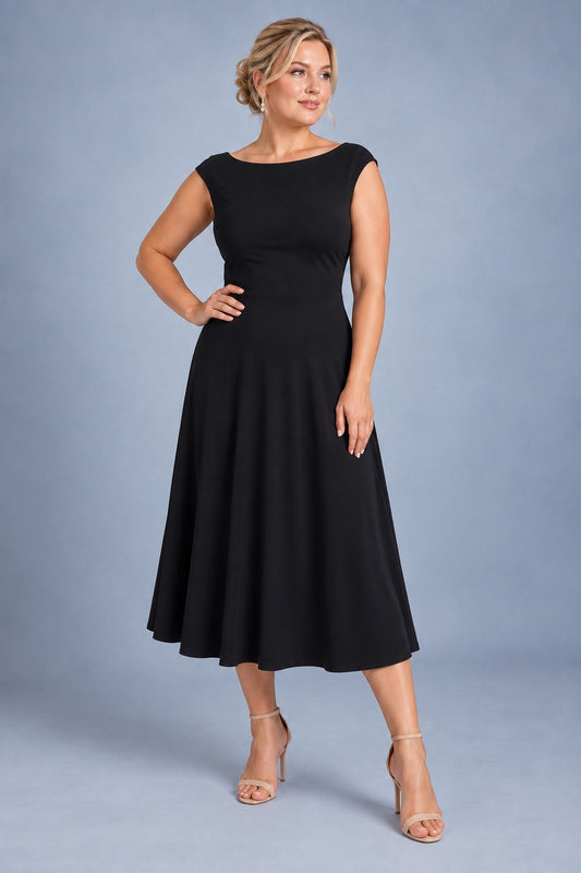 Black silky jersey tango dress in size XL with wide shoulders and a flowing midi skirt, front view.