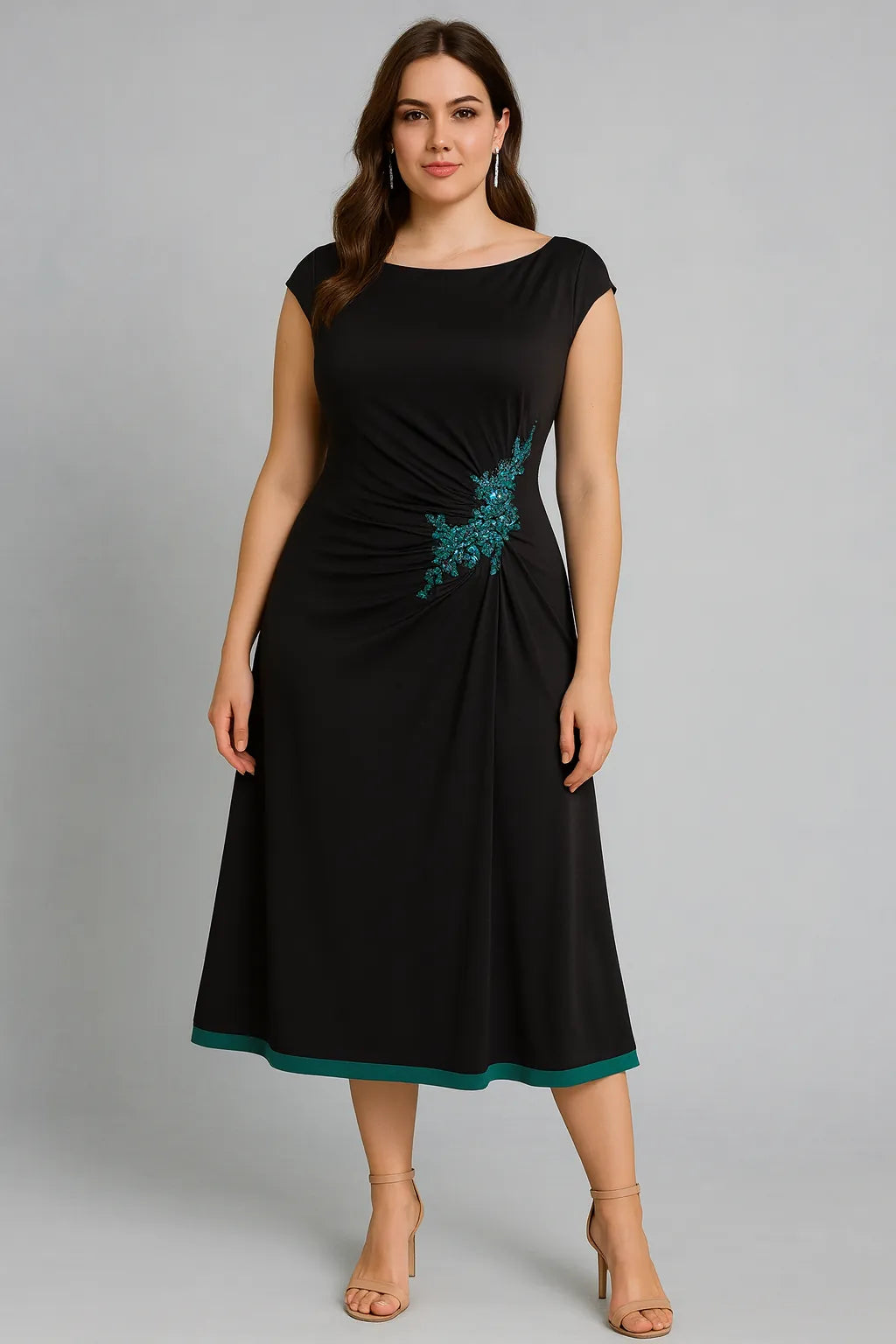 Exclusive black and green double-layered jersey tango dress with waist embroidery