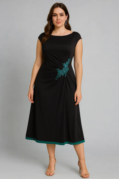 Exclusive black and green double-layered jersey tango dress with waist embroidery
