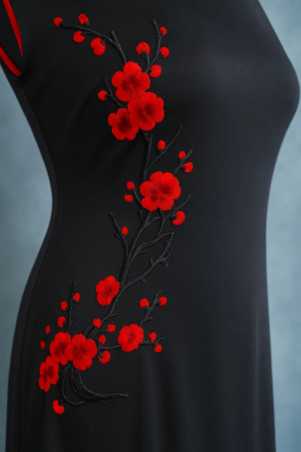 Elegantes schwarz-rotes Tangokleid mit Sakura-Stickerei, Detailansicht