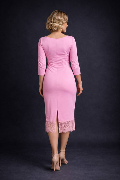 Woman wearing a cold rose tango dress with lace detailing, back view