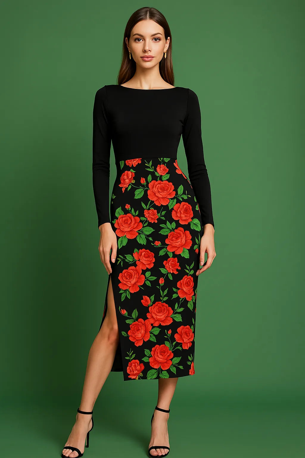 Woman wearing a black tango dress with red floral pattern on a green background