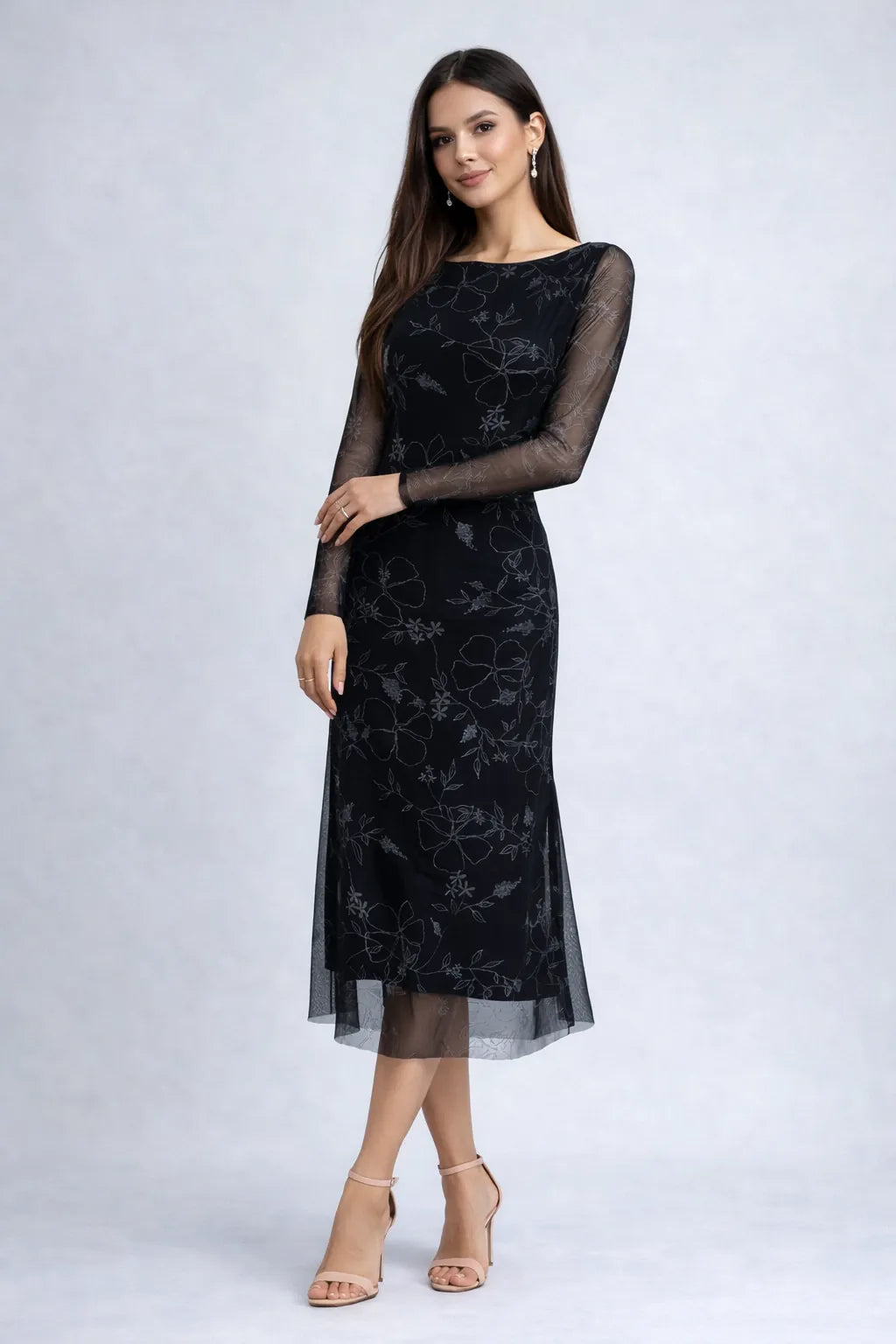 Woman wearing a black floral tango dress