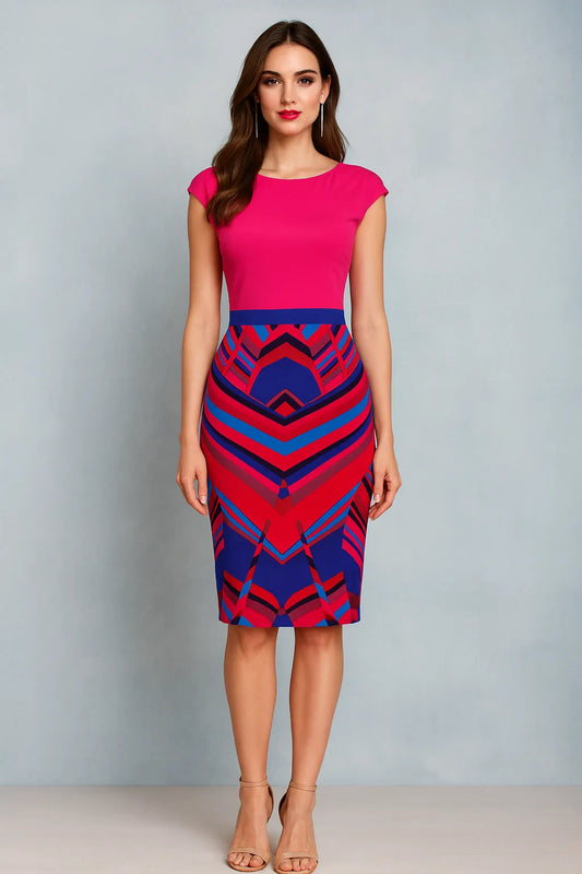 Woman wearing a pink and colorful geometric tango dress.