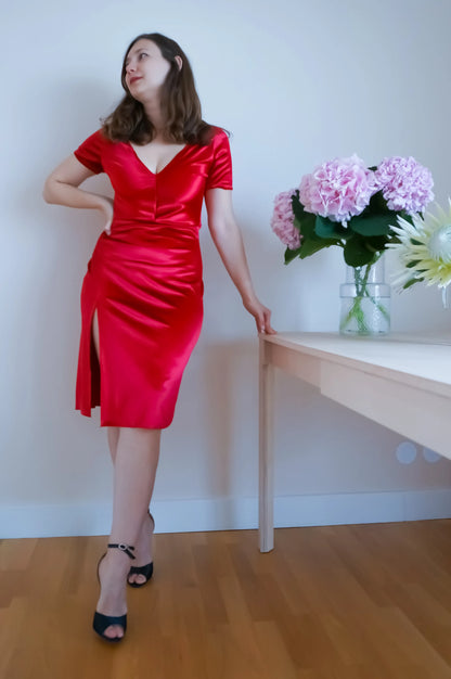 Silky velvet tango dress with sculpted neckline