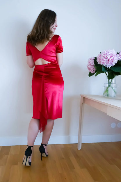 Silky velvet tango dress with sculpted neckline