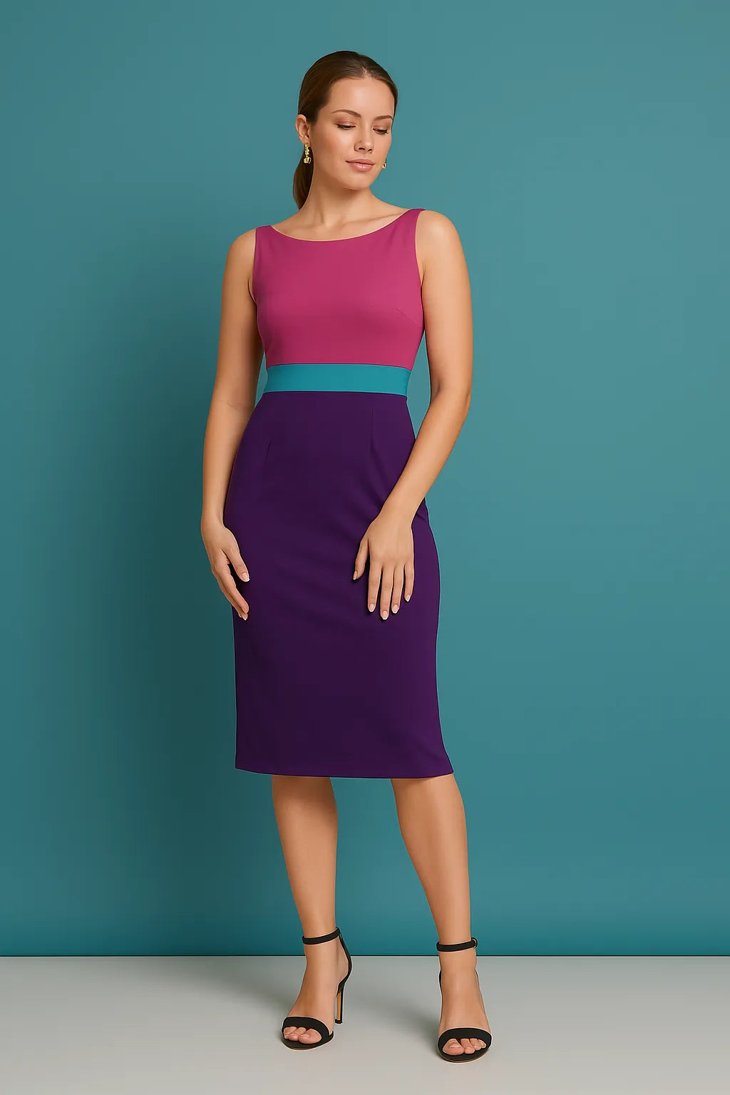 Woman wearing a two-tone tango dress with a magenta top and purple skirt against a teal background
