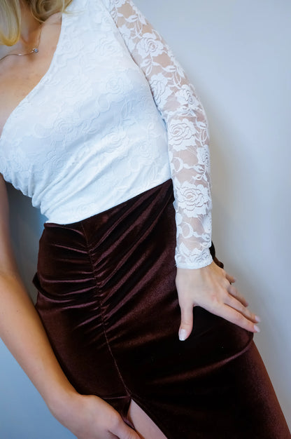 Elegant tango dress with lace bodice and velvet skirt