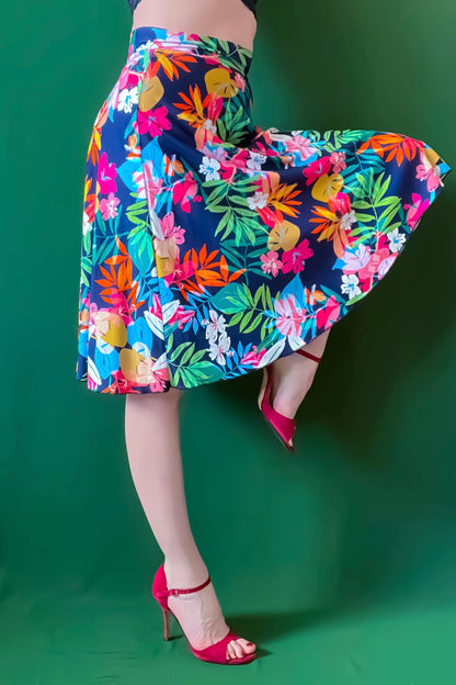Colorful floral tango skirt being twirled