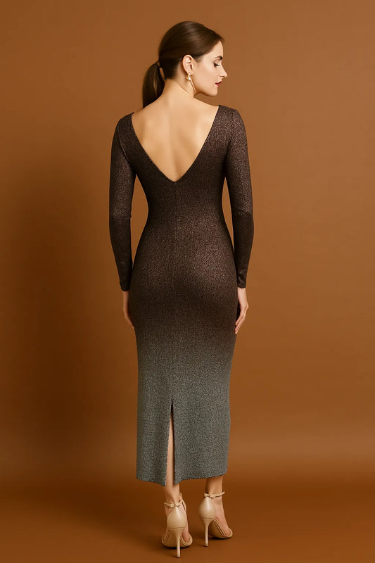 Woman wearing a long, dark brown tango dress with a backless design on a brown background