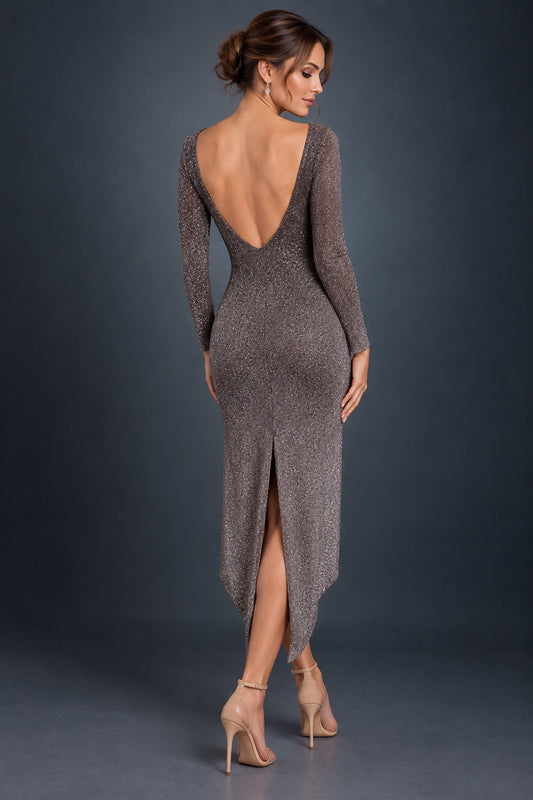 Back view of a shimmering gradient tango dress with a deep V-back neckline, central back slit and asymmetric pointed hem with elongated sides.